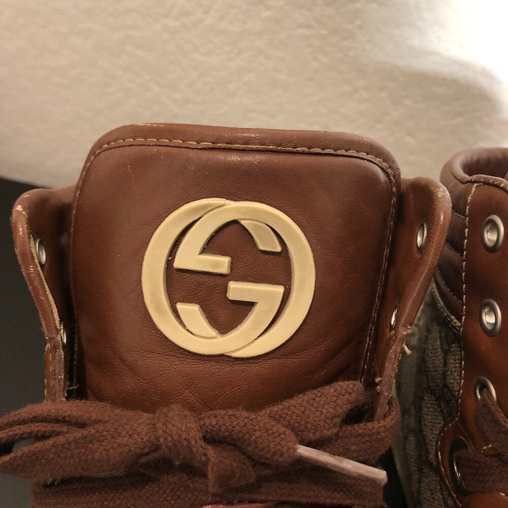 SOLD Gucci 224778 GG Imprime High Top Authentic Brown Crocodile Trim Men’s 8.5 - Picture 7 of 13